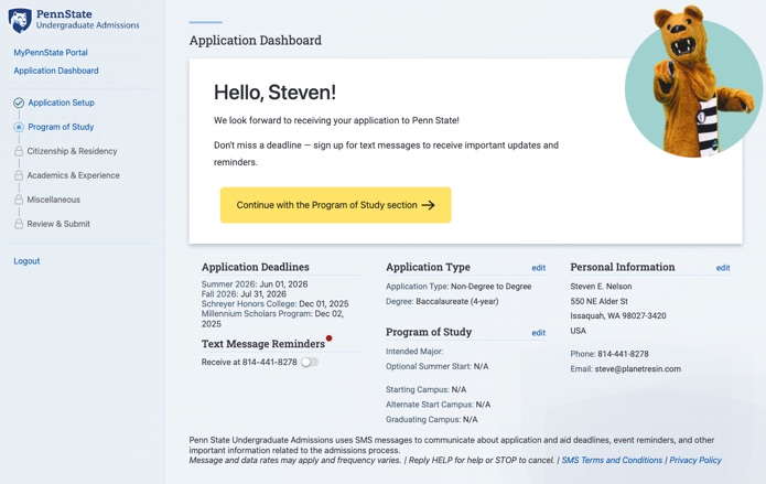 Website screenshot of an Undergraduate Admissions application dashboard.