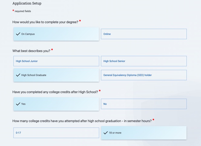 Application setup screen featuring simple selection boxes.