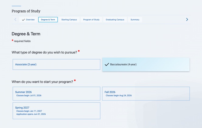 Application setup screen with progress displayed across the top and selections below.