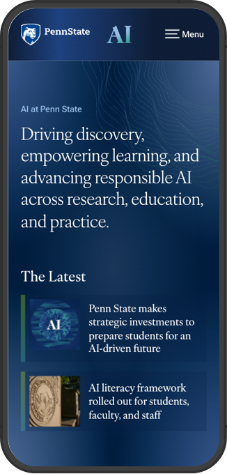 Mobile screenshot of a website highlighting AI initatives. Text reads Driving discovery, empowering learning, and advancing responsible AI across research, education, and practice.