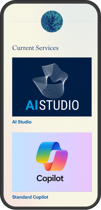 Mobile screenshot of a circular bloom icon and a swirly logo for AI Studio along with a rainbow-colored logo for Copilot.