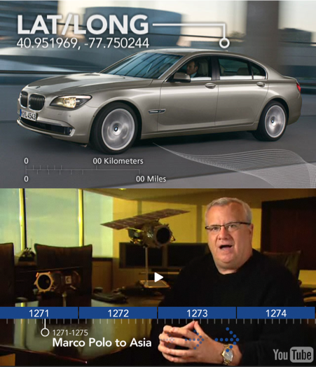 Photo illustrationof a car with Lat/Long data overlaid and another with a man speaking from an office with a historic timeline overlaid.