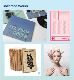 Collage of graphic design work including an album labelled Seafoam Green and a book cover.