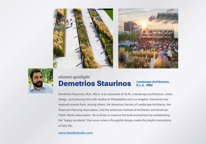 Screenshot of an alumni spotlight feature with three images of landscape architecture work and the name Demetrios Staurinos.
